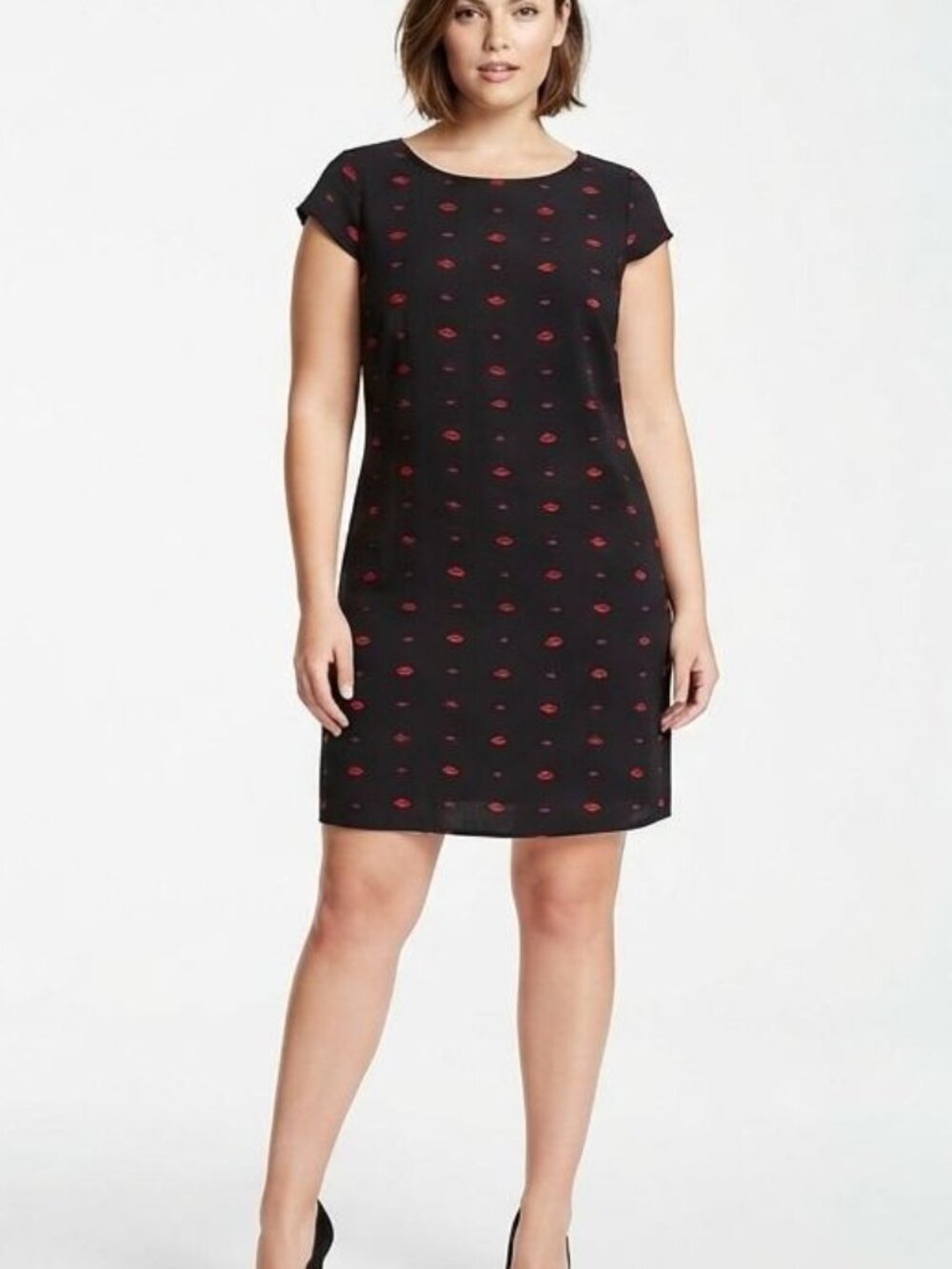 A.N.A A New Approach Black Red Lip Print Shift Dress Lined Cap Sleeve Large